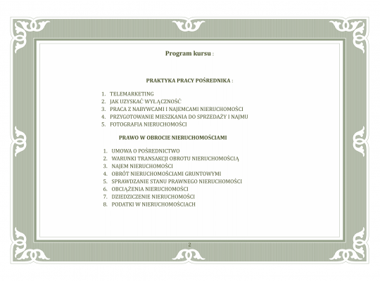 Zaświadczenie o ukończeniu kursu - Pośrednik w obrocie nieruchomościami - 2