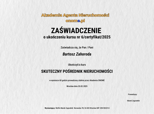Zaświadczenie o ukończeniu kursu - Skuteczny agent nieruchomości