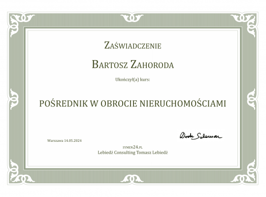 Zaświadczenie o ukończeniu kursu - Pośrednik w obrocie nieruchomościami - 1